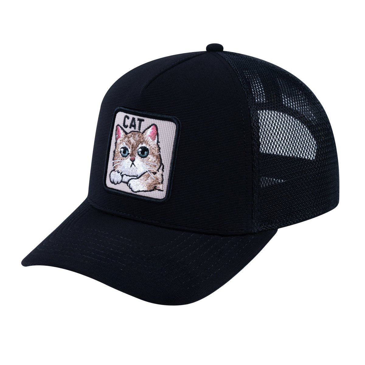 Unisex V2 Embroidered The Cat, 5-Panel Trucker Hat, Black/Black, Adjustable Fit
