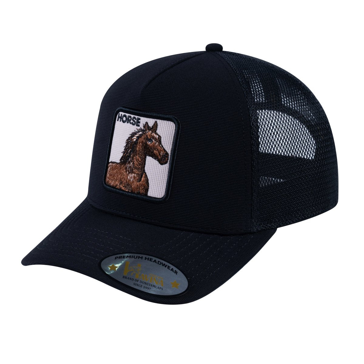 Unisex V2 Embroidered The Horse, 5-Panel Trucker Hat, Black/Black, Adjustable Fit