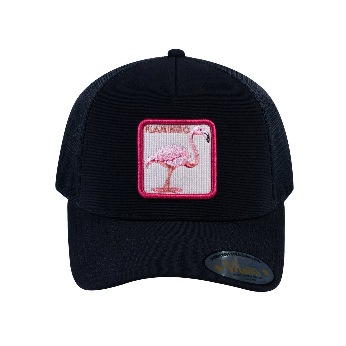 Unisex V2 Embroidered The Flamingo, 5-Panel Trucker Hat, Black/Black, Adjustable Fit