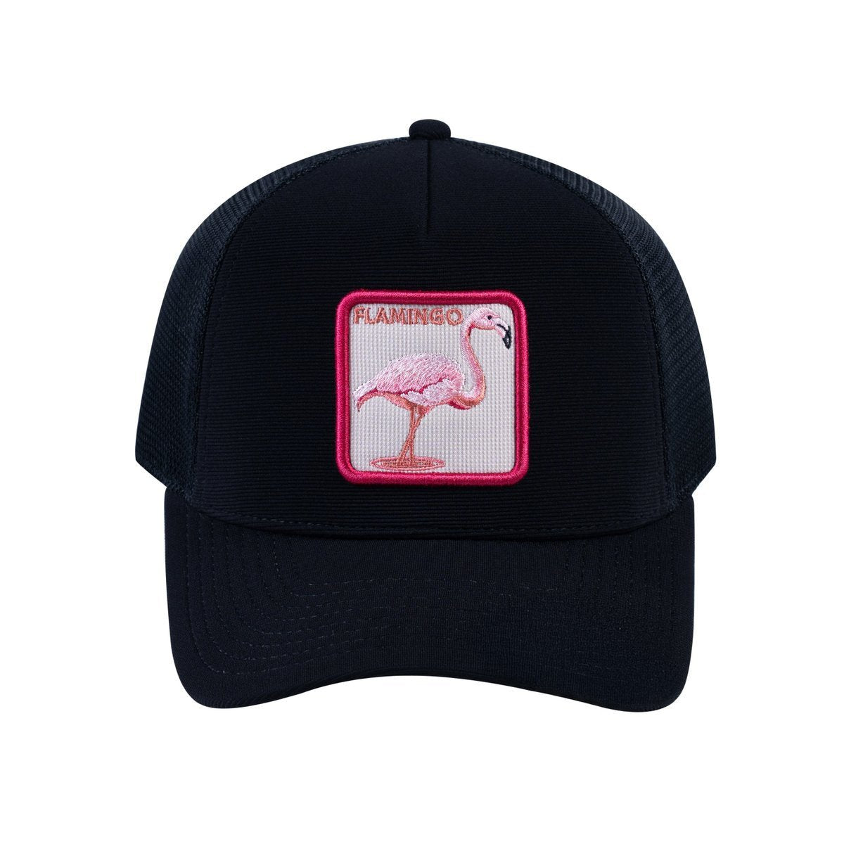 Unisex V2 Embroidered The Flamingo, 5-Panel Trucker Hat, Black/Black, Adjustable Fit