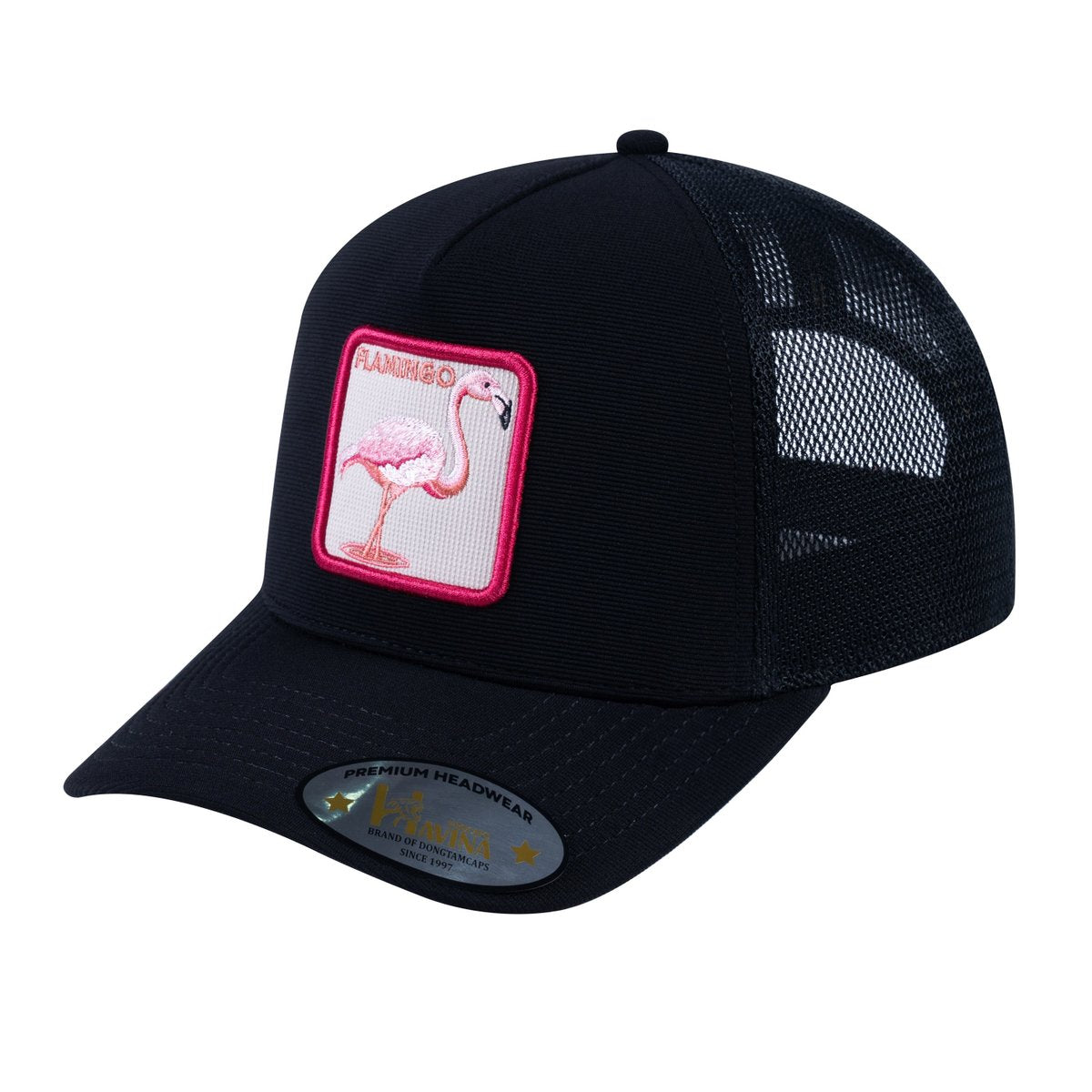 Unisex V2 Embroidered The Flamingo, 5-Panel Trucker Hat, Black/Black, Adjustable Fit