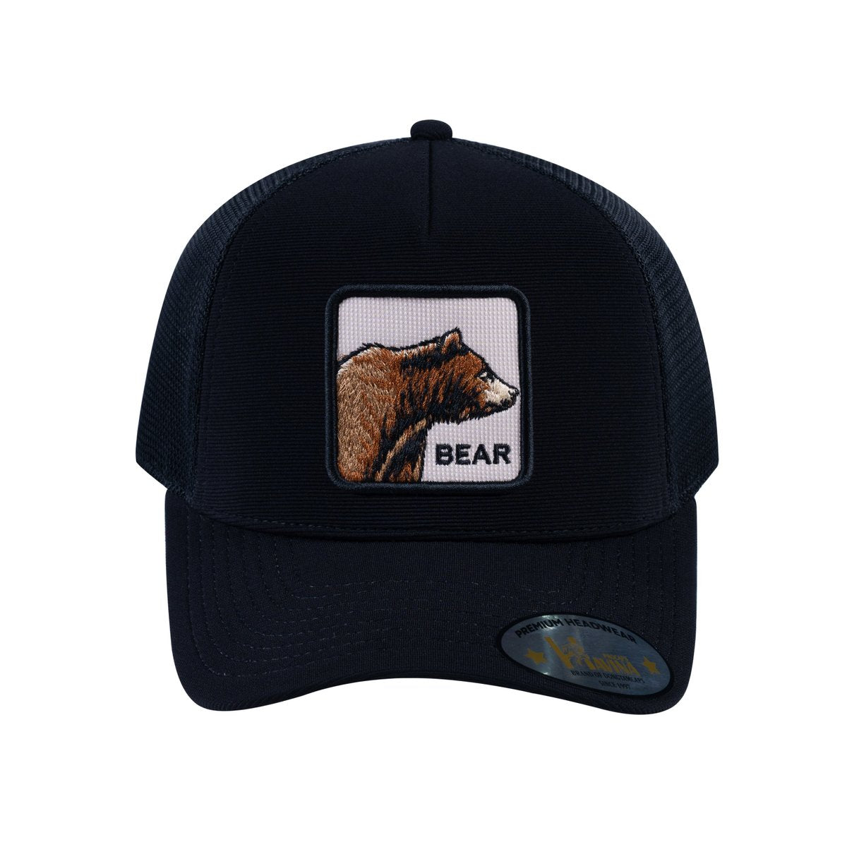 Unisex V2 Embroidered The Bear, 5-Panel Trucker Hat, Black/Black, Adjustable Fit