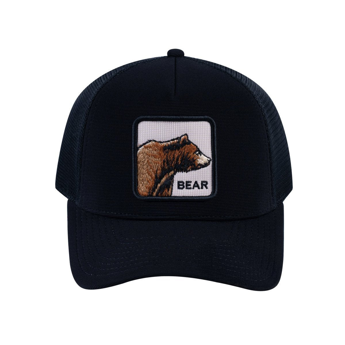 Unisex V2 Embroidered The Bear, 5-Panel Trucker Hat, Black/Black, Adjustable Fit