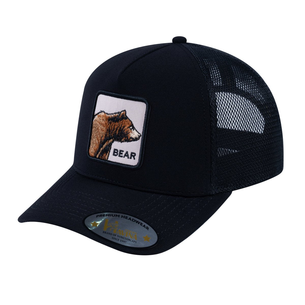 Unisex V2 Embroidered The Bear, 5-Panel Trucker Hat, Black/Black, Adjustable Fit