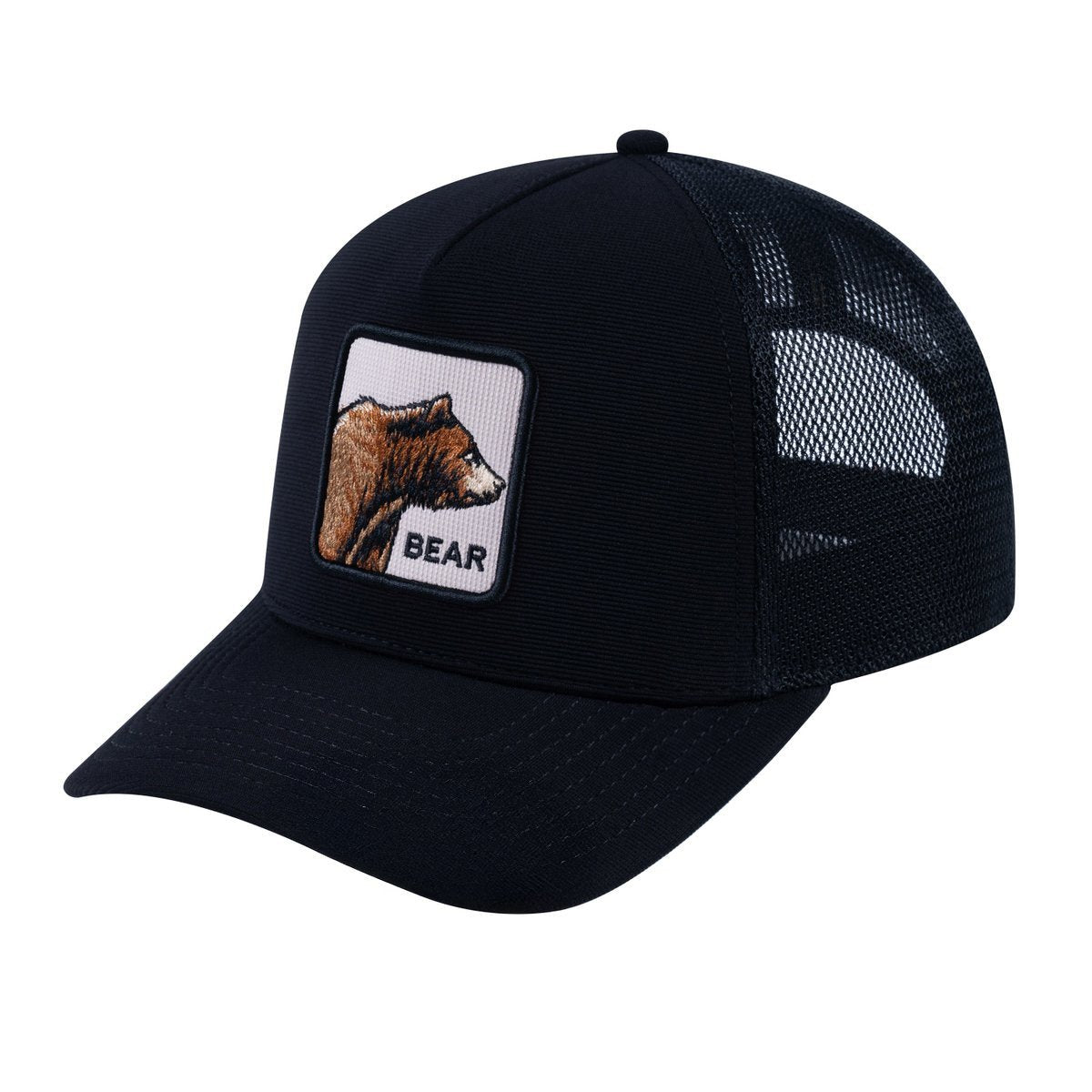 Unisex V2 Embroidered The Bear, 5-Panel Trucker Hat, Black/Black, Adjustable Fit
