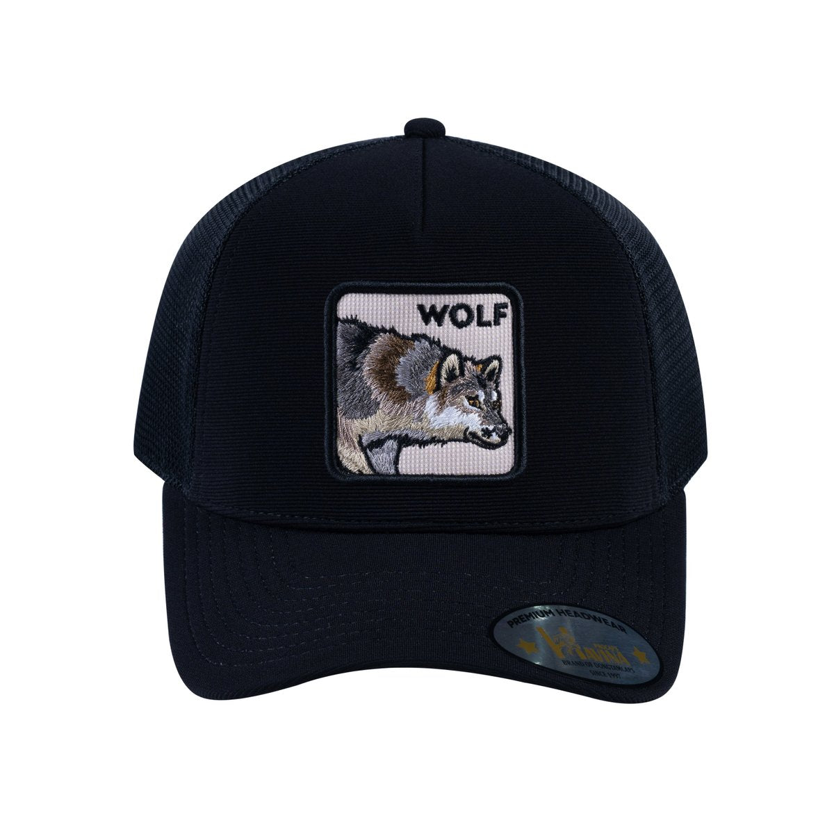 Unisex V2 Embroidered The Wolf, 5-Panel Trucker Hat, Black/Black, Adjustable Fit