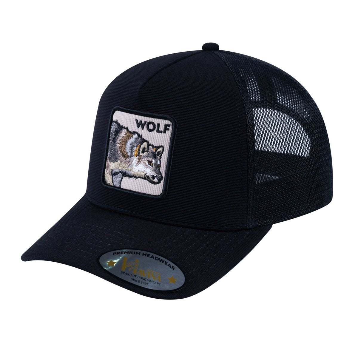 Unisex V2 Embroidered The Wolf, 5-Panel Trucker Hat, Black/Black, Adjustable Fit