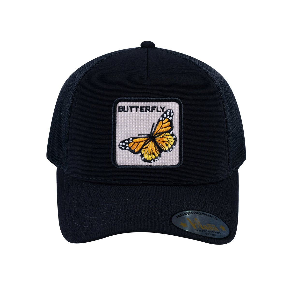 Unisex V2 Embroidered The Butterfly, 5-Panel Trucker Hat, Black/Black, Adjustable Fit