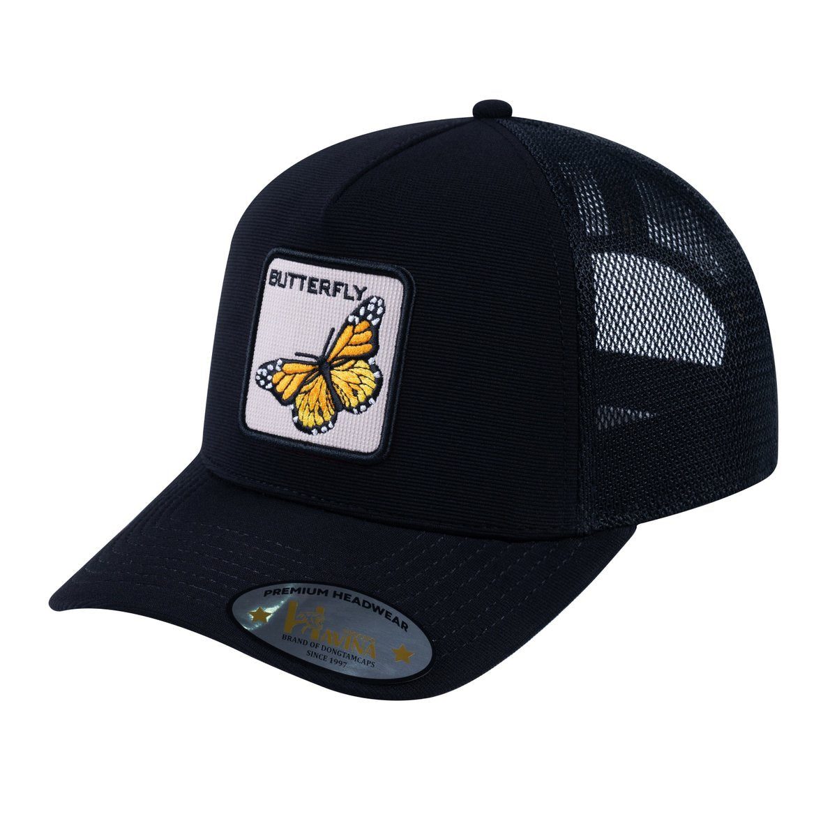 Unisex V2 Embroidered The Butterfly, 5-Panel Trucker Hat, Black/Black, Adjustable Fit