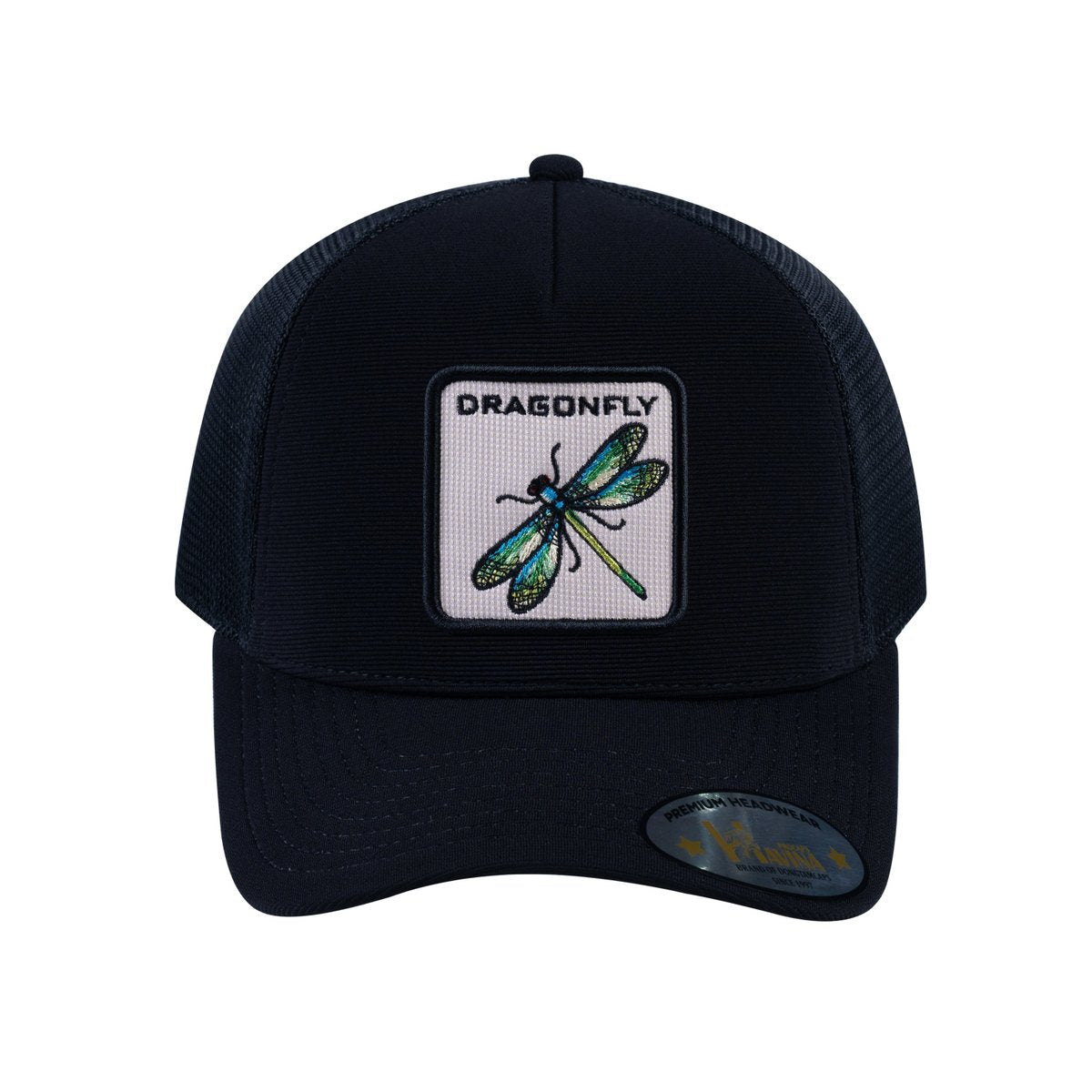 Unisex V2 Embroidered The Dragonfly, 5-Panel Trucker Hat, Black/Black, Adjustable Fit