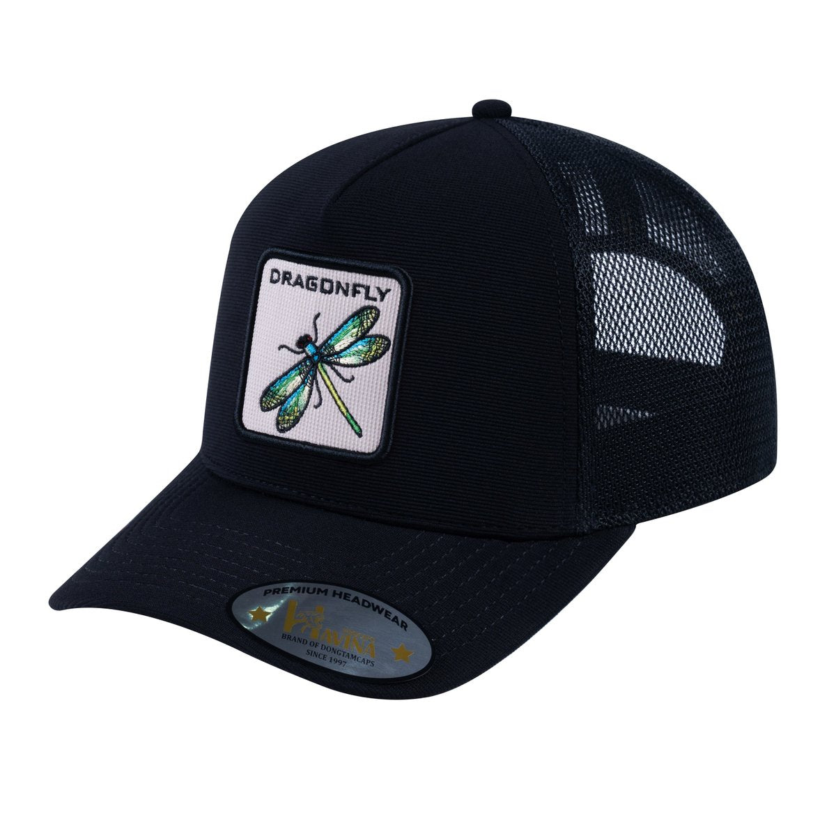 Unisex V2 Embroidered The Dragonfly, 5-Panel Trucker Hat, Black/Black, Adjustable Fit