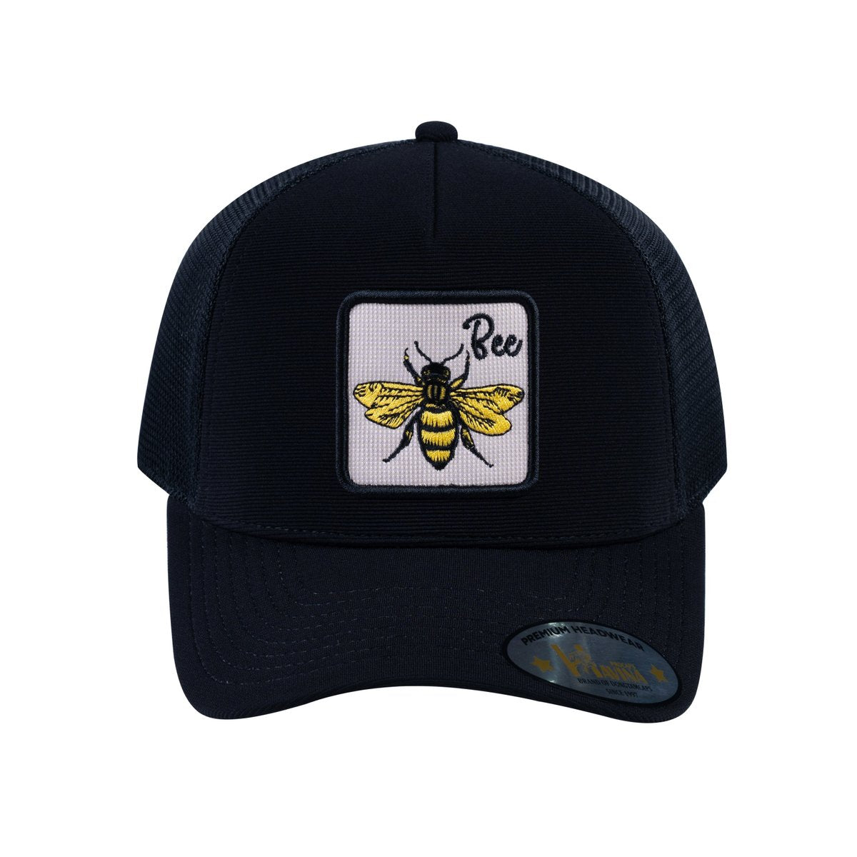 Unisex V2 Embroidered The Bee, 5-Panel Trucker Hat, Black/Black, Adjustable Fit