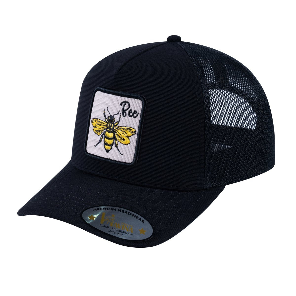 Unisex V2 Embroidered The Bee, 5-Panel Trucker Hat, Black/Black, Adjustable Fit
