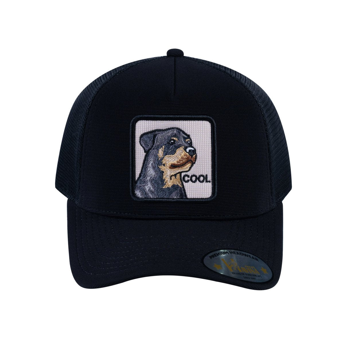 Unisex V2 Embroidered The Dog, 5-Panel Trucker Hat, Black/Black, Adjustable Fit