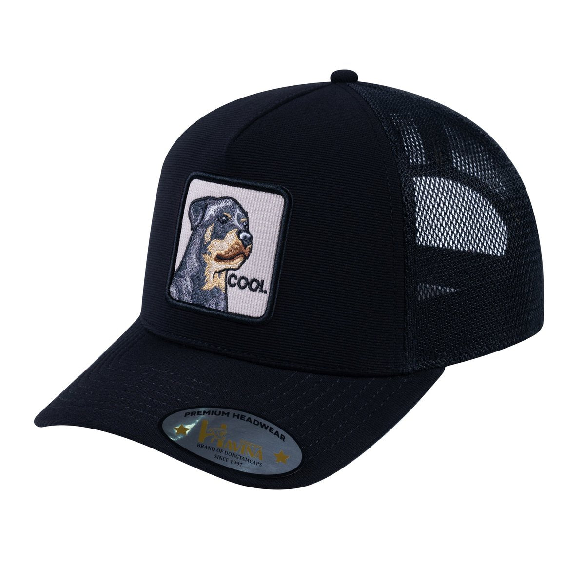 Unisex V2 Embroidered The Dog, 5-Panel Trucker Hat, Black/Black, Adjustable Fit