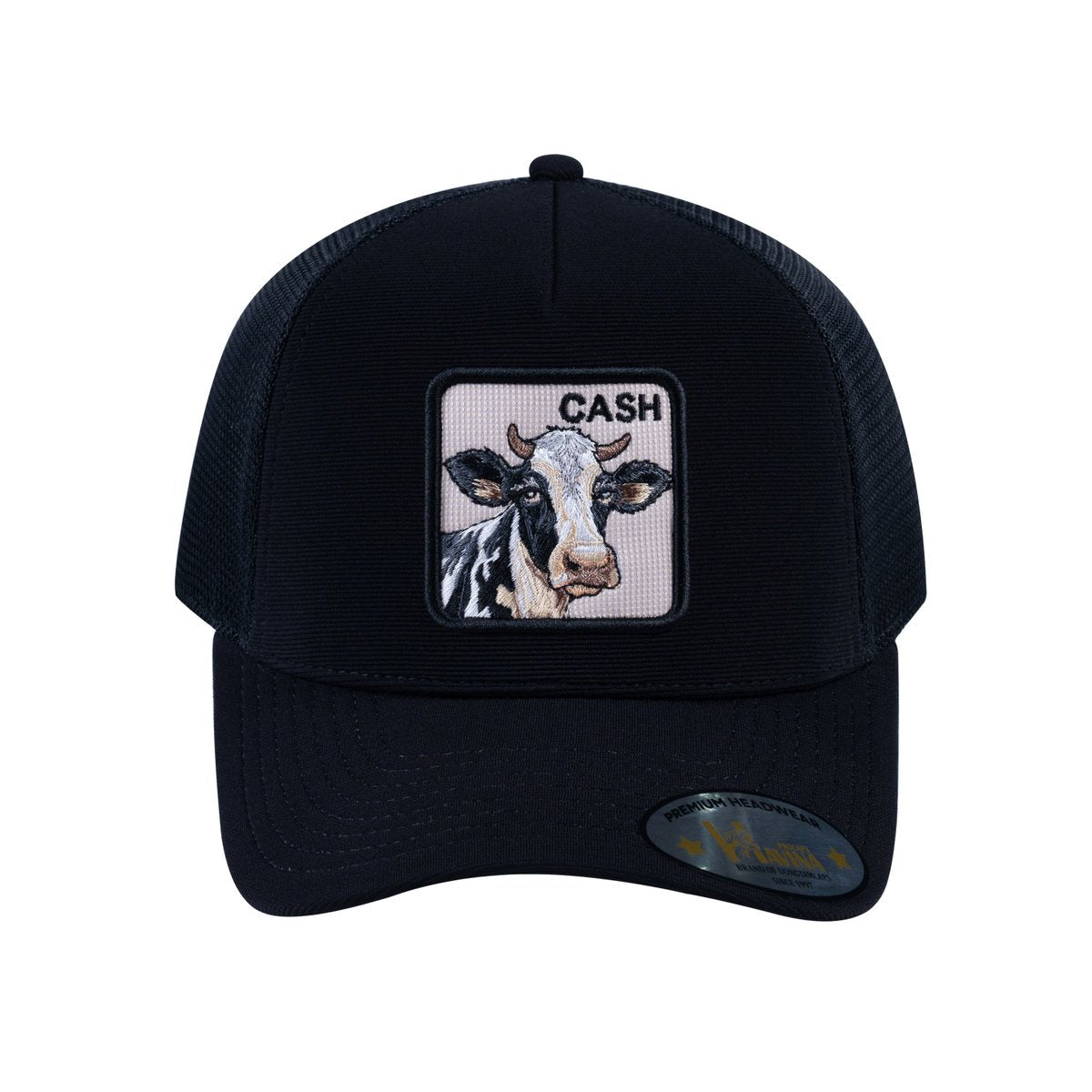 Unisex V2 Embroidered The Cow, 5-Panel Trucker Hat, Black/Black, Adjustable Fit