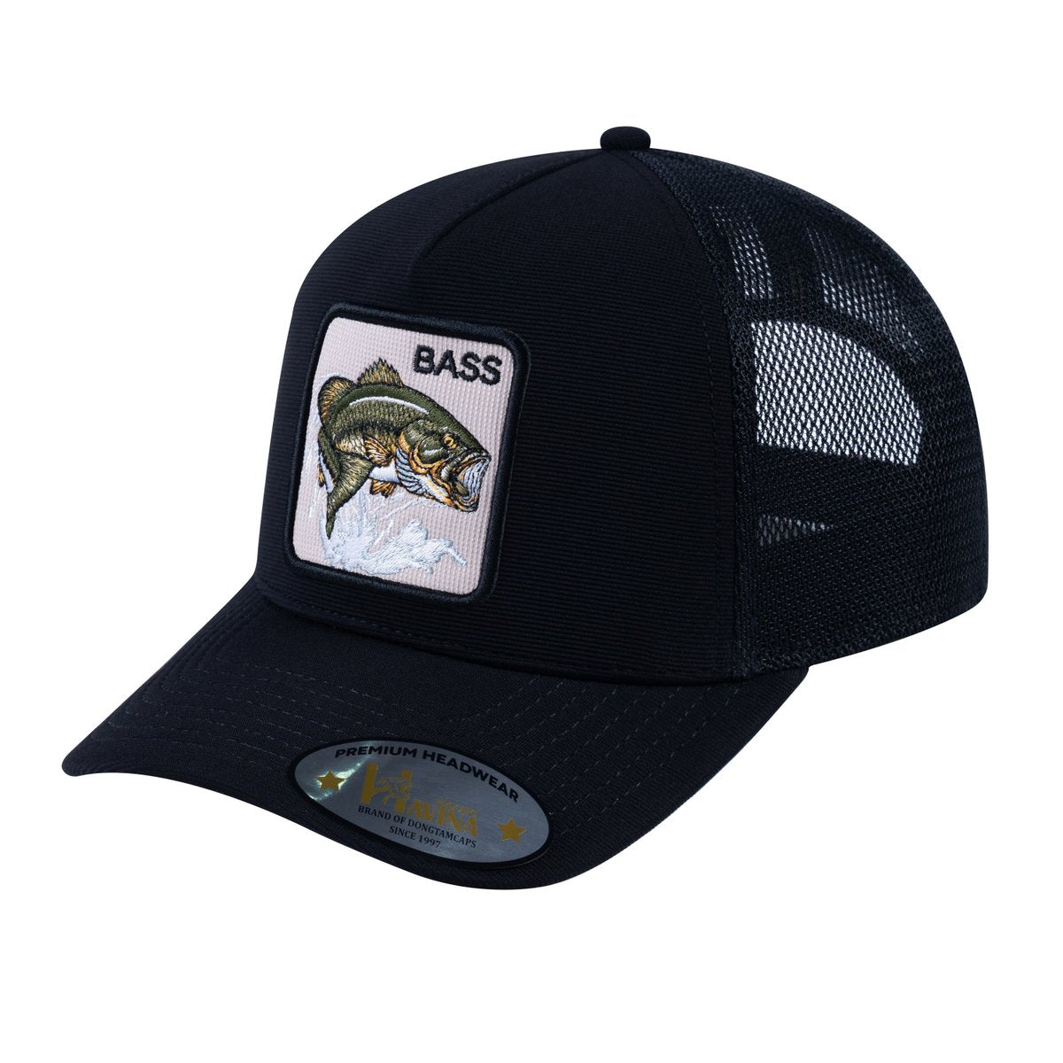 Unisex V2 Embroidered The Bass, 5-Panel Trucker Hat, Black/Black, Adjustable Fit