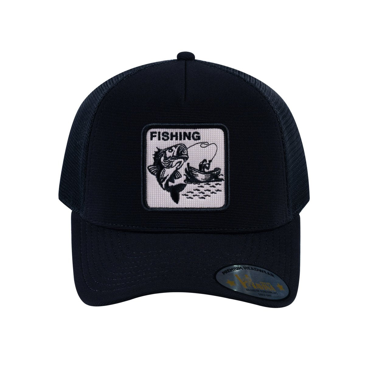 Unisex V2 Embroidered The Fishing, 5-Panel Trucker Hat, Black/Black, Adjustable Fit