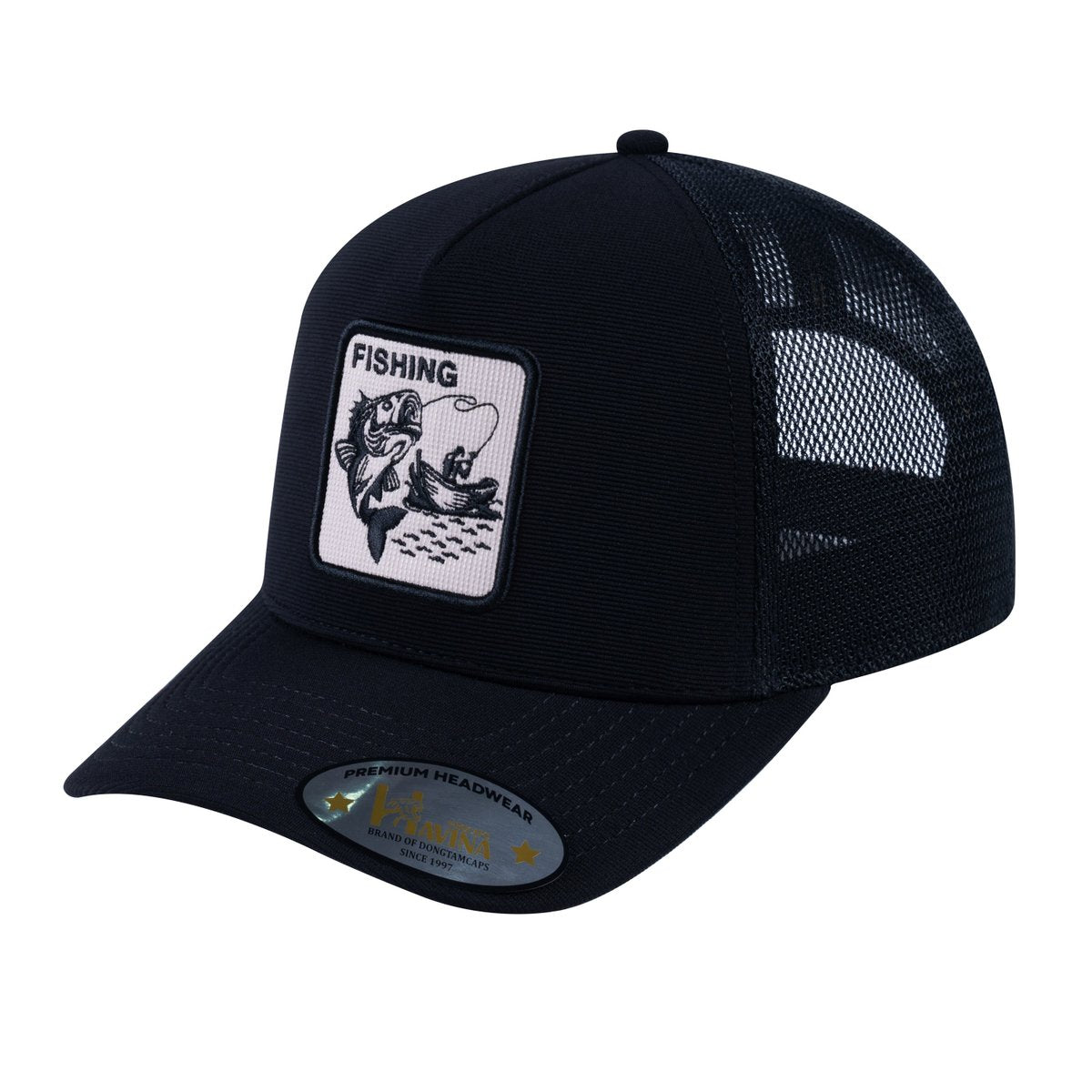Unisex V2 Embroidered The Fishing, 5-Panel Trucker Hat, Black/Black, Adjustable Fit