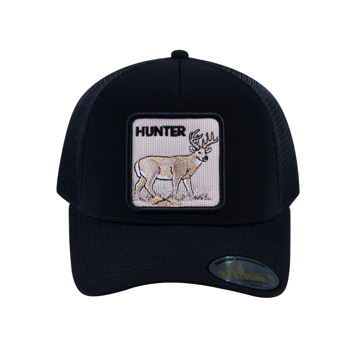 Unisex V2 Embroidered The Hunter, 5-Panel Trucker Hat, Black/Black, Adjustable Fit