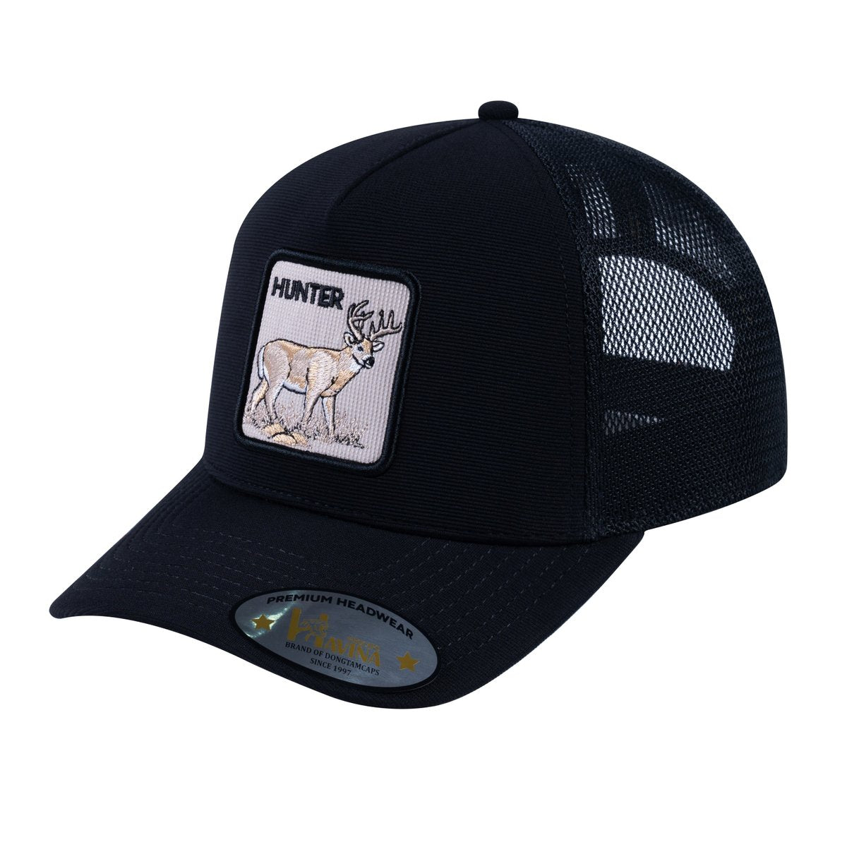 Unisex V2 Embroidered The Hunter, 5-Panel Trucker Hat, Black/Black, Adjustable Fit