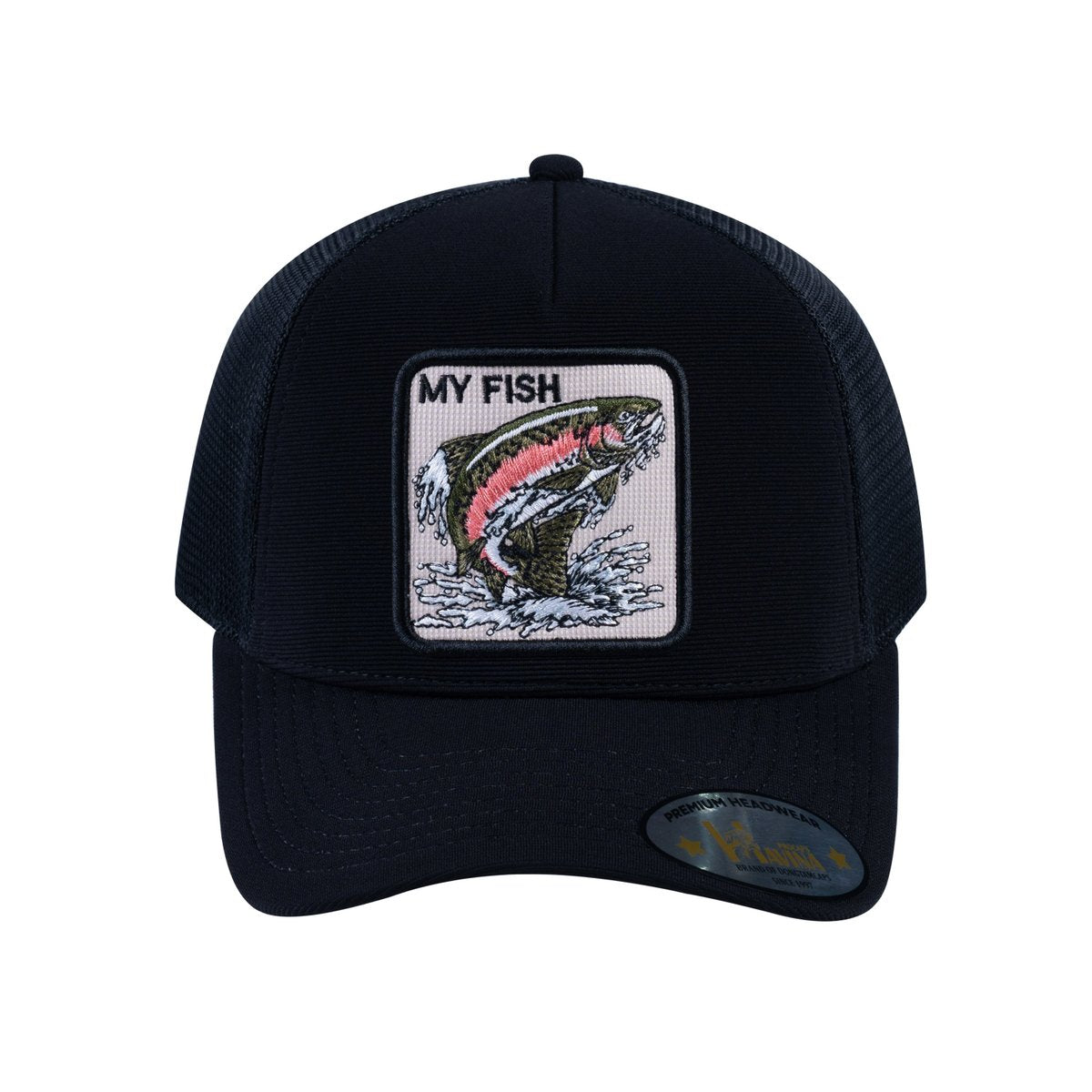 Unisex V2 Embroidered The Salmon, 5-Panel Trucker Hat, Black/Black, Adjustable Fit