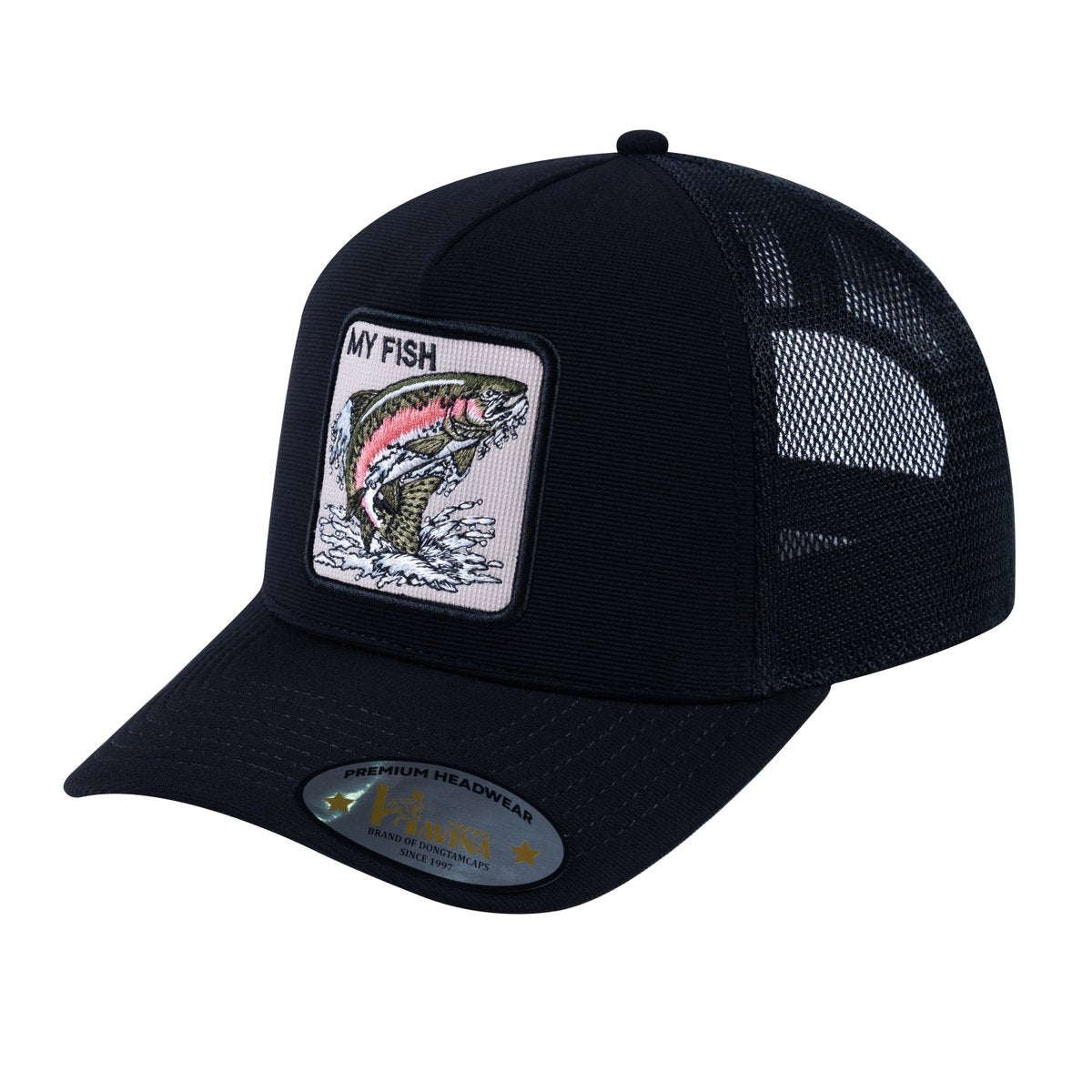 Unisex V2 Embroidered The Salmon, 5-Panel Trucker Hat, Black/Black, Adjustable Fit