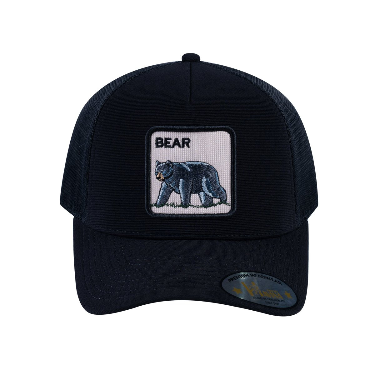 Unisex V2 Embroidered The Bear V2, 5-Panel Trucker Hat, Black/Black, Adjustable Fit