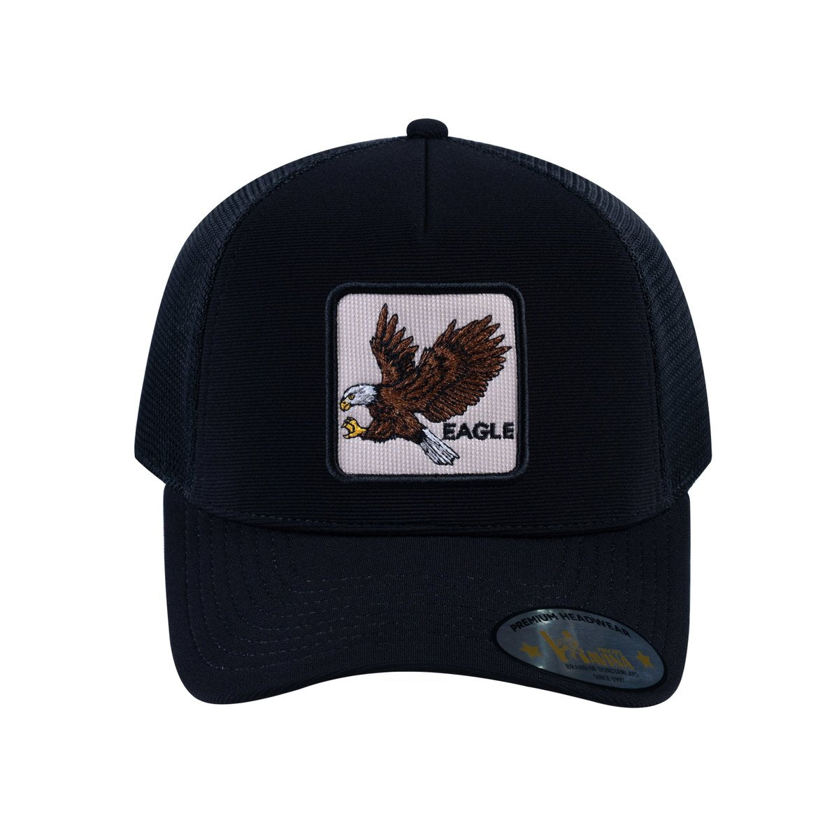 Unisex V2 Embroidered The Eagle, 5-Panel Trucker Hat, Black/Black, Adjustable Fit
