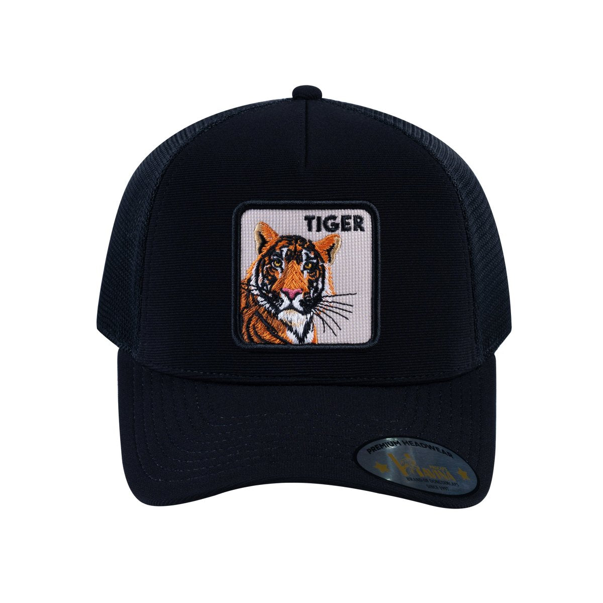 Unisex V2 Embroidered The Tiger, 5-Panel Trucker Hat, Black/Black, Adjustable Fit