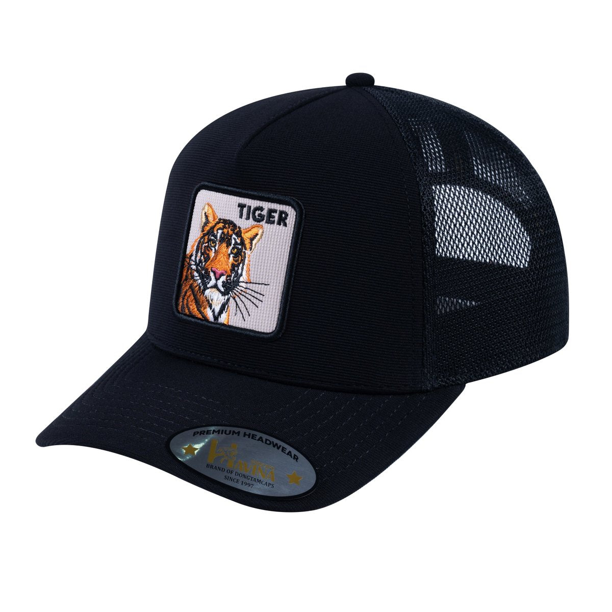 Unisex V2 Embroidered The Tiger, 5-Panel Trucker Hat, Black/Black, Adjustable Fit