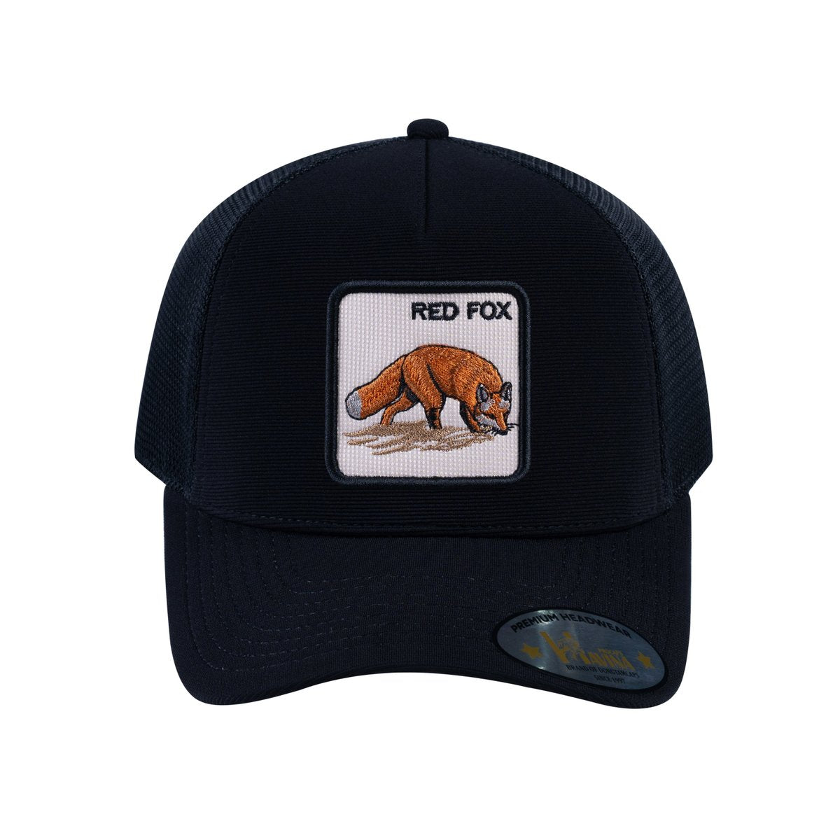 Unisex V2 Embroidered The Red Fox, 5-Panel Trucker Hat, Black/Black, Adjustable Fit