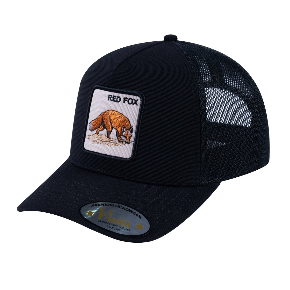 Unisex V2 Embroidered The Red Fox, 5-Panel Trucker Hat, Black/Black, Adjustable Fit