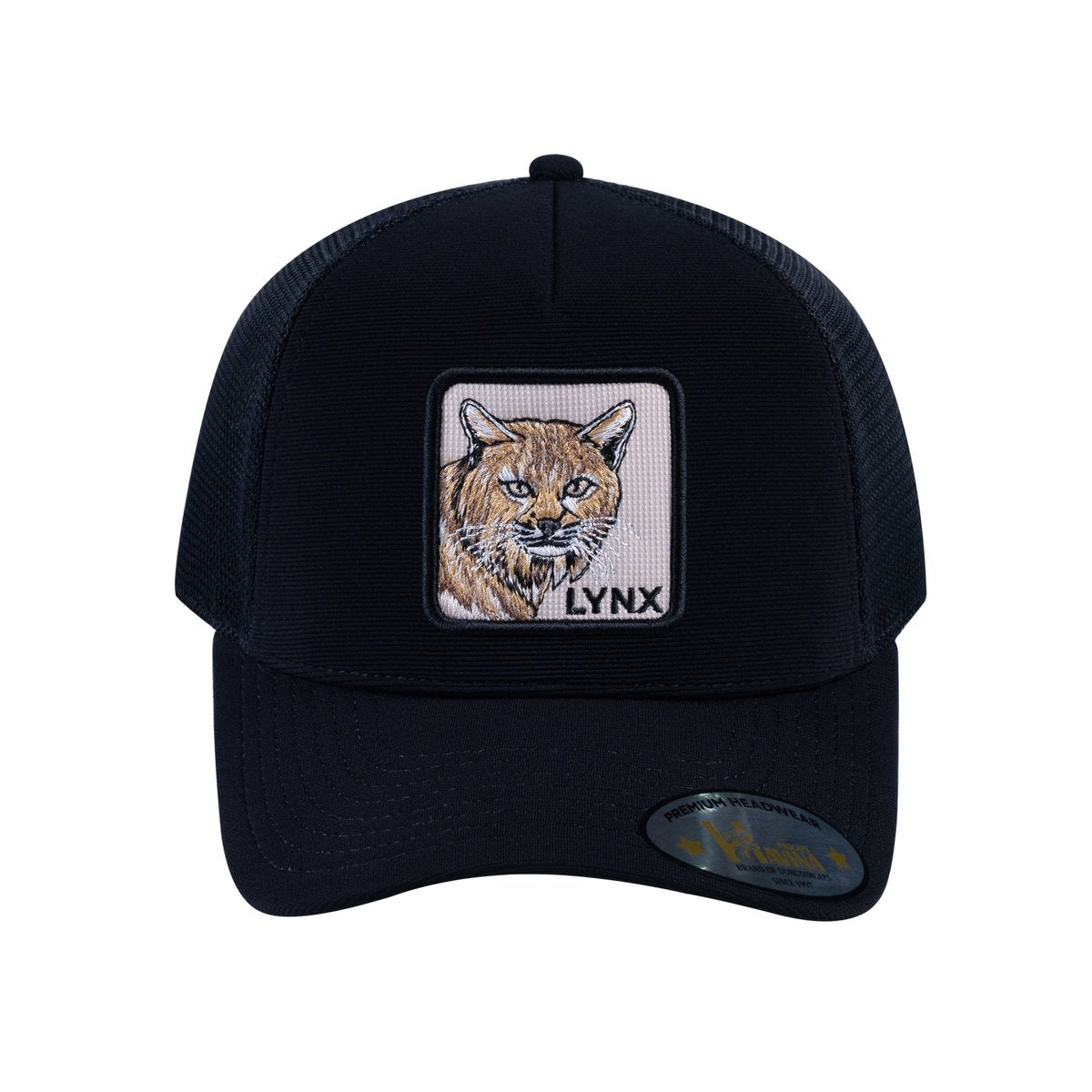 Unisex V2 Embroidered The Lynx, 5-Panel Trucker Hat, Black/Black, Adjustable Fit