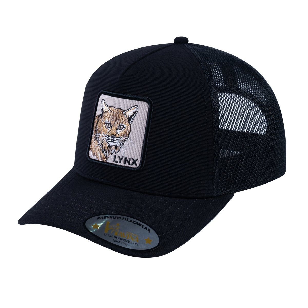 Unisex V2 Embroidered The Lynx, 5-Panel Trucker Hat, Black/Black, Adjustable Fit