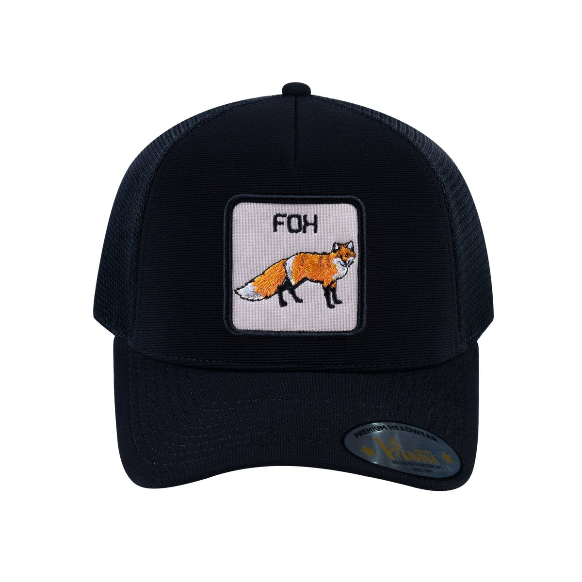 Unisex V2 Embroidered The Fox, 5-Panel Trucker Hat, Black/Black, Adjustable Fit