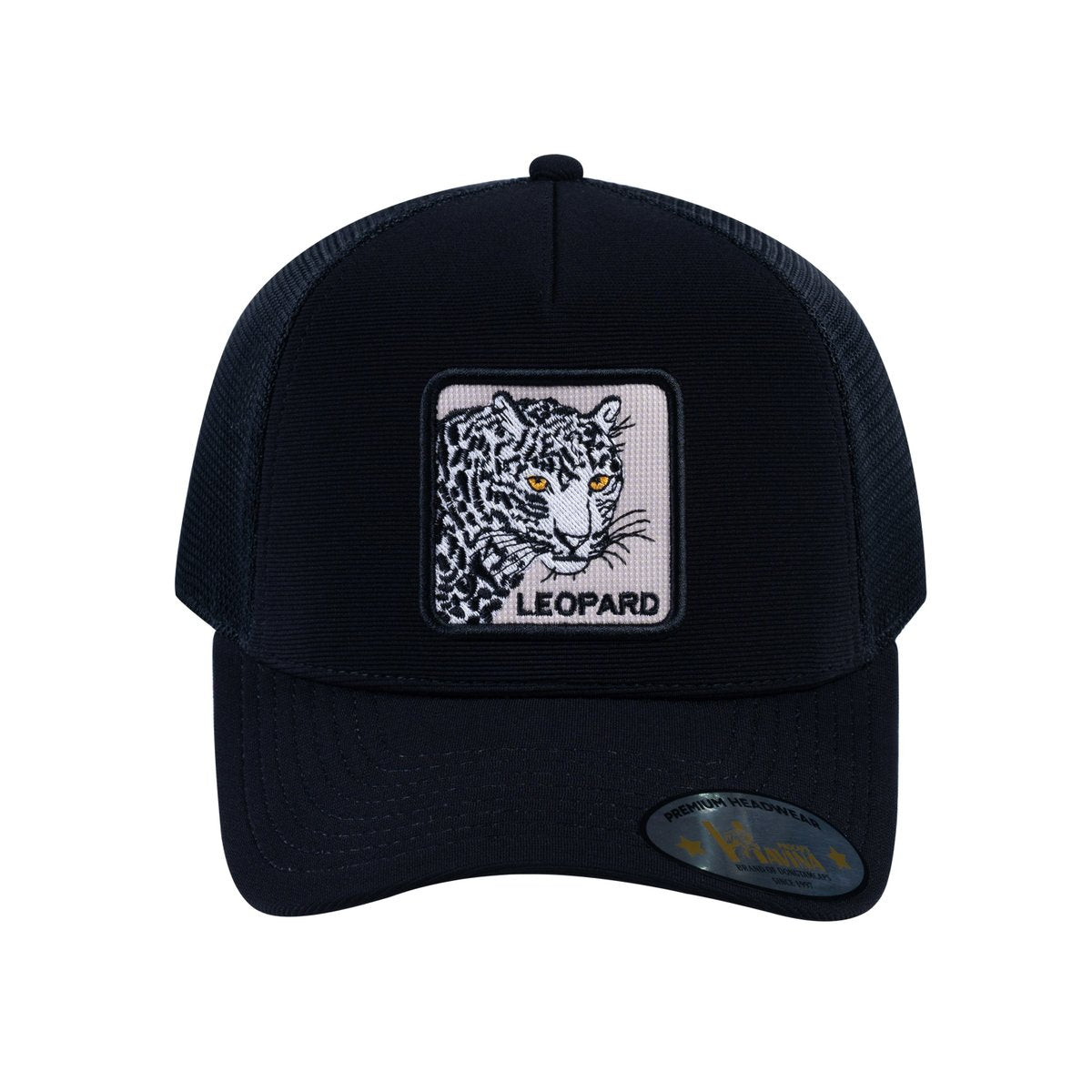 Unisex V2 Embroidered The Leopard, 5-Panel Trucker Hat, Black/Black, Adjustable Fit