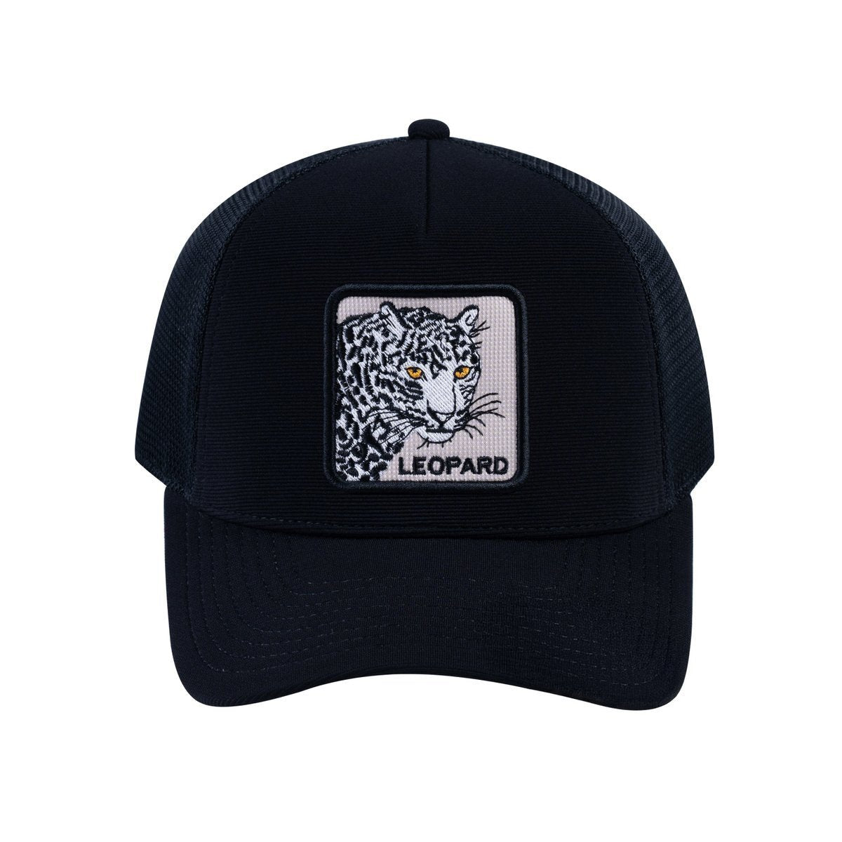 Unisex V2 Embroidered The Leopard, 5-Panel Trucker Hat, Black/Black, Adjustable Fit