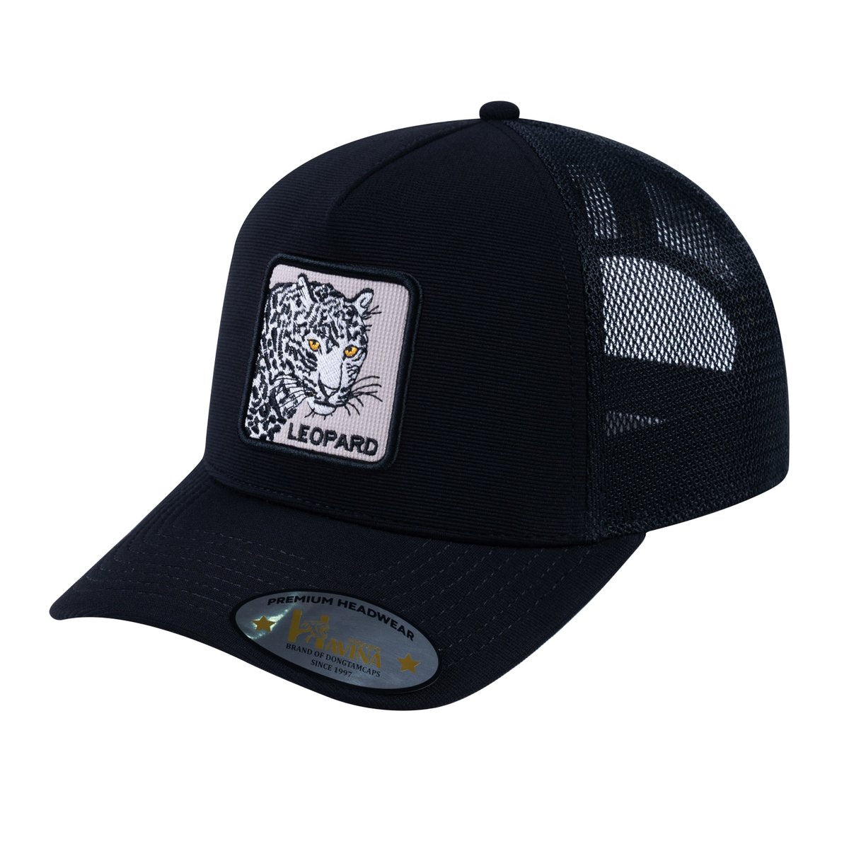 Unisex V2 Embroidered The Leopard, 5-Panel Trucker Hat, Black/Black, Adjustable Fit