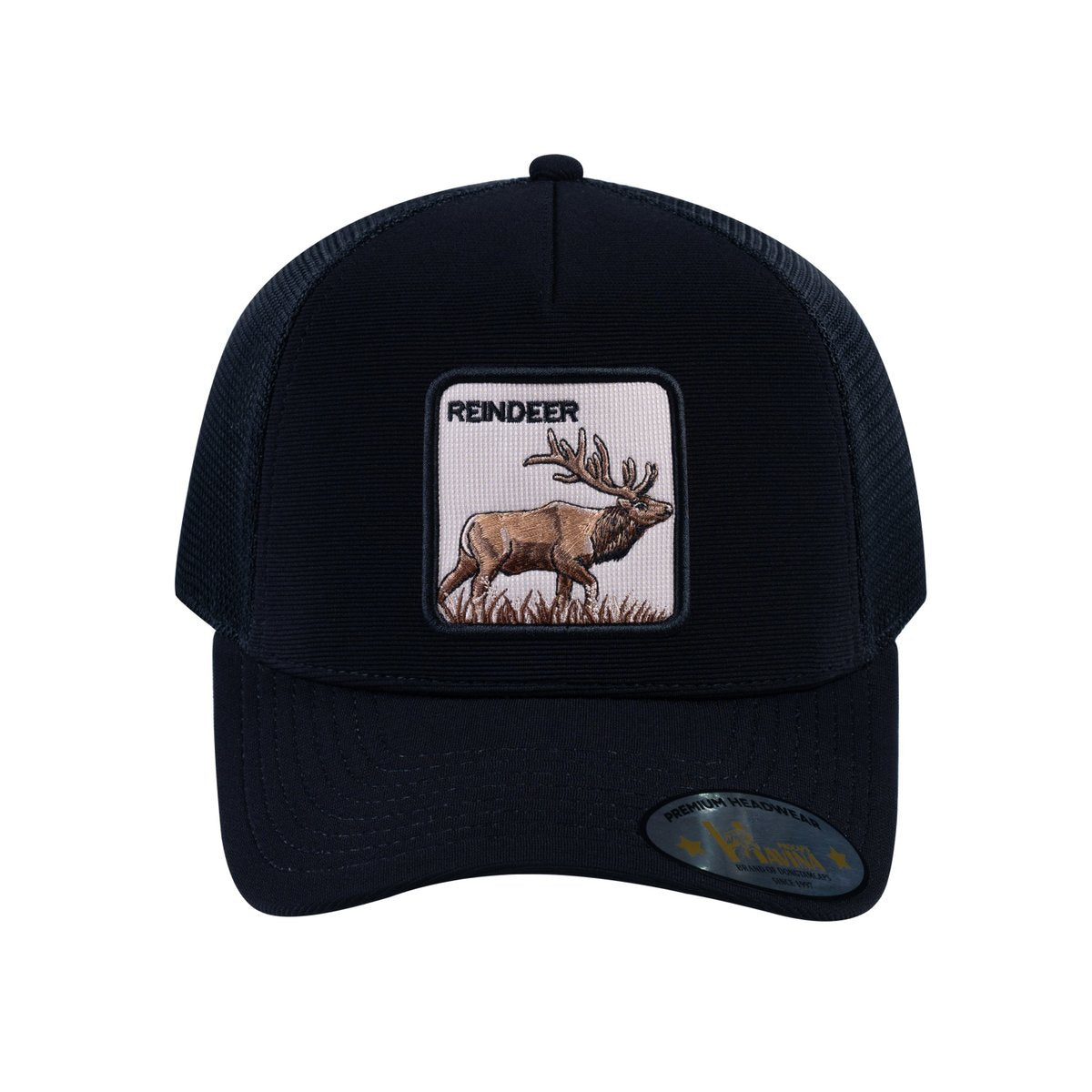Unisex V2 Embroidered The Reindeer, 5-Panel Trucker Hat, Black/Black, Adjustable Fit