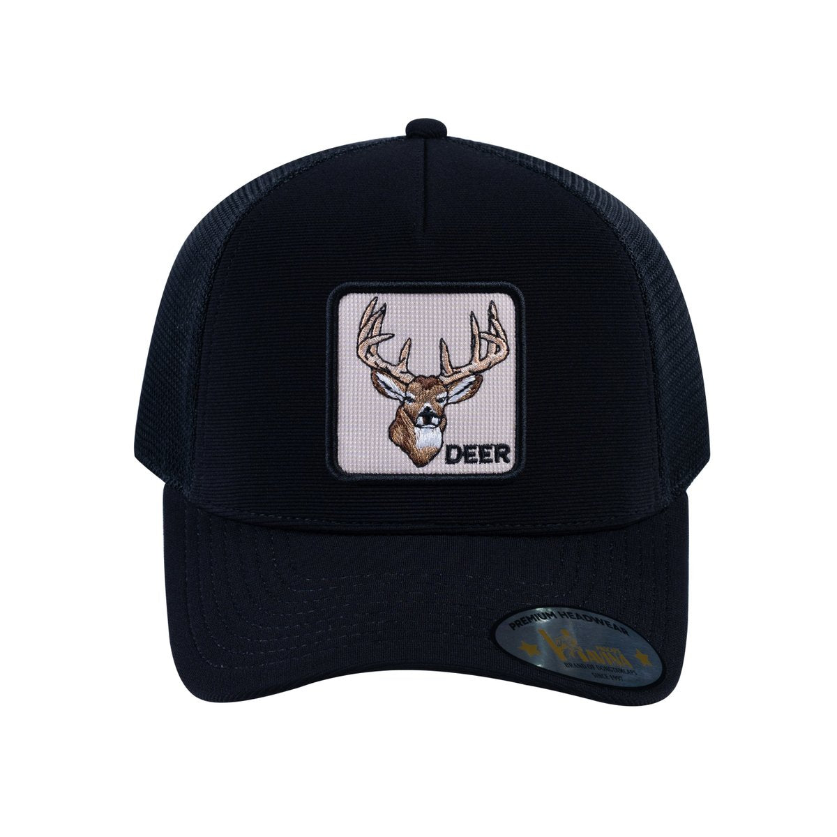 Unisex V2 Embroidered The Deer, 5-Panel Trucker Hat, Black/Black, Adjustable Fit