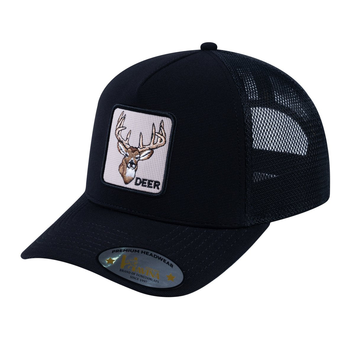 Unisex V2 Embroidered The Deer, 5-Panel Trucker Hat, Black/Black, Adjustable Fit