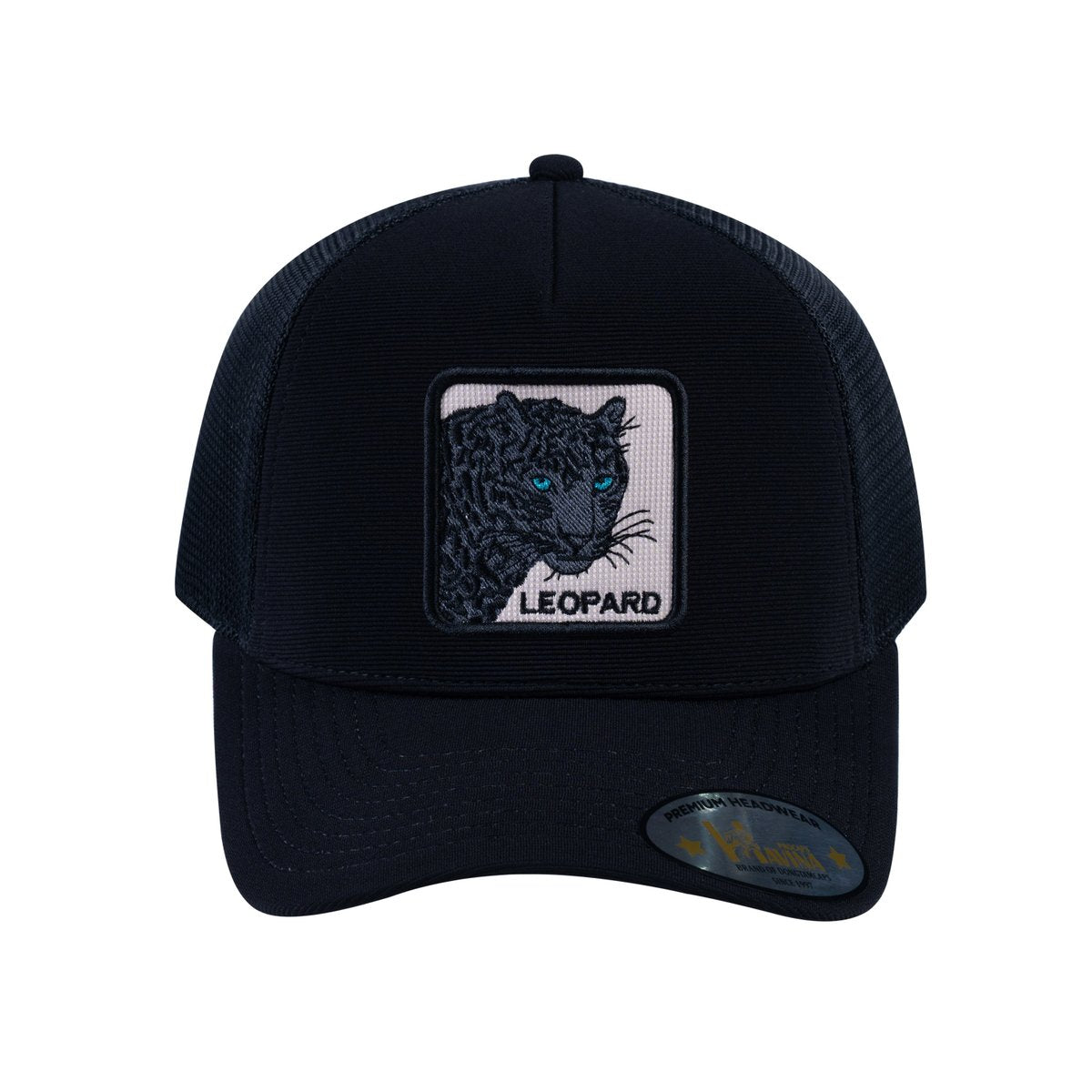 Unisex V2 Embroidered The Leopard V2, 5-Panel Trucker Hat, Black/Black, Adjustable Fit