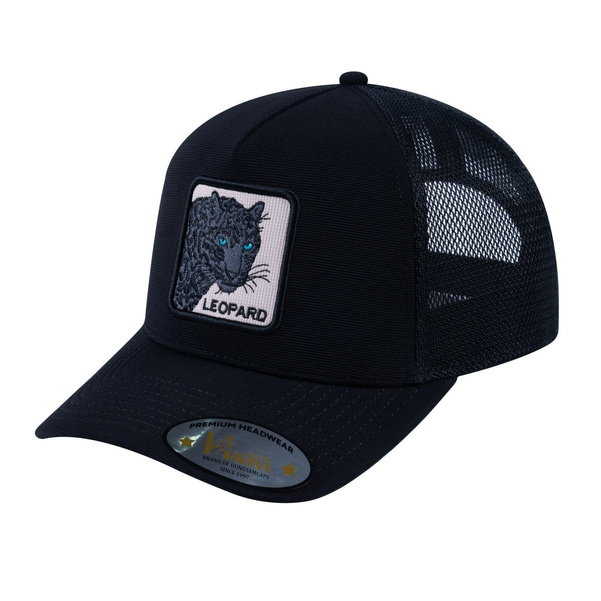 Unisex V2 Embroidered The Leopard V2, 5-Panel Trucker Hat, Black/Black, Adjustable Fit