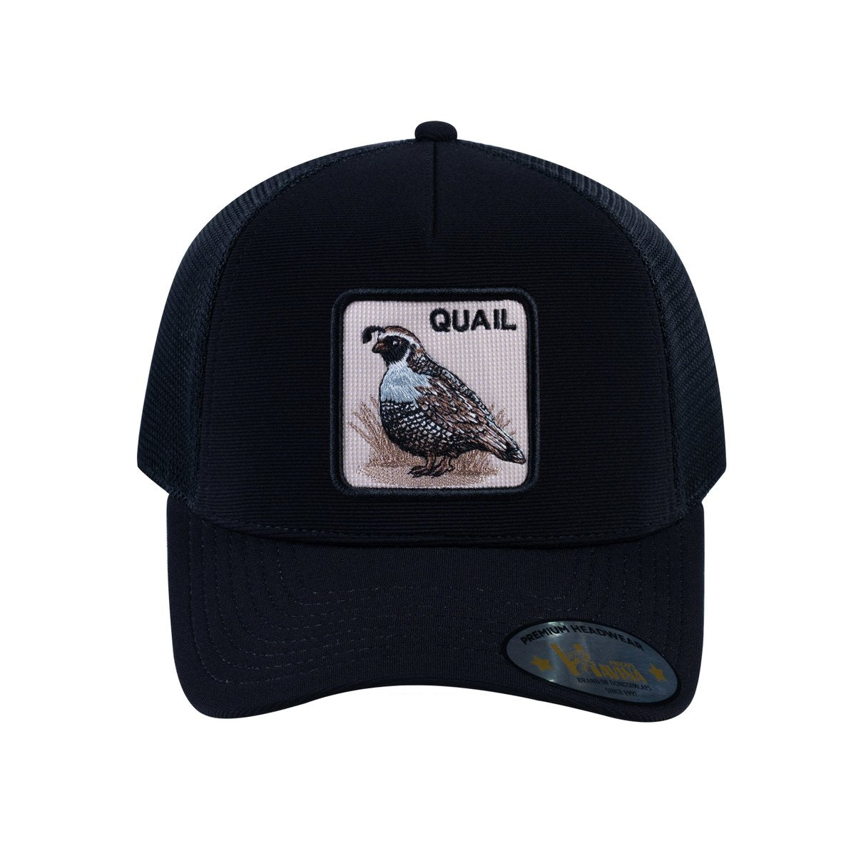Unisex V2 Embroidered The Quail, 5-Panel Trucker Hat, Black/Black, Adjustable Fit