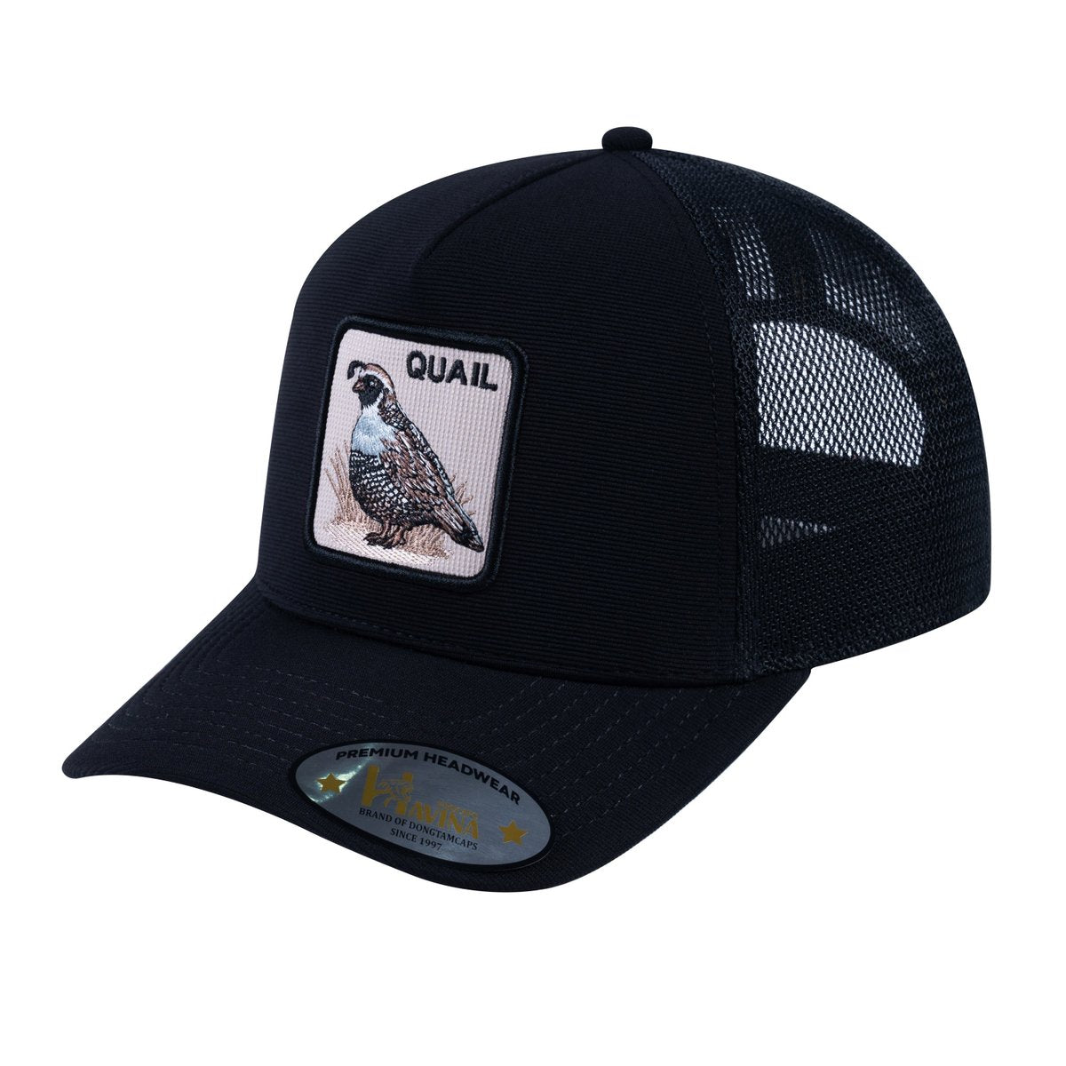 Unisex V2 Embroidered The Quail, 5-Panel Trucker Hat, Black/Black, Adjustable Fit