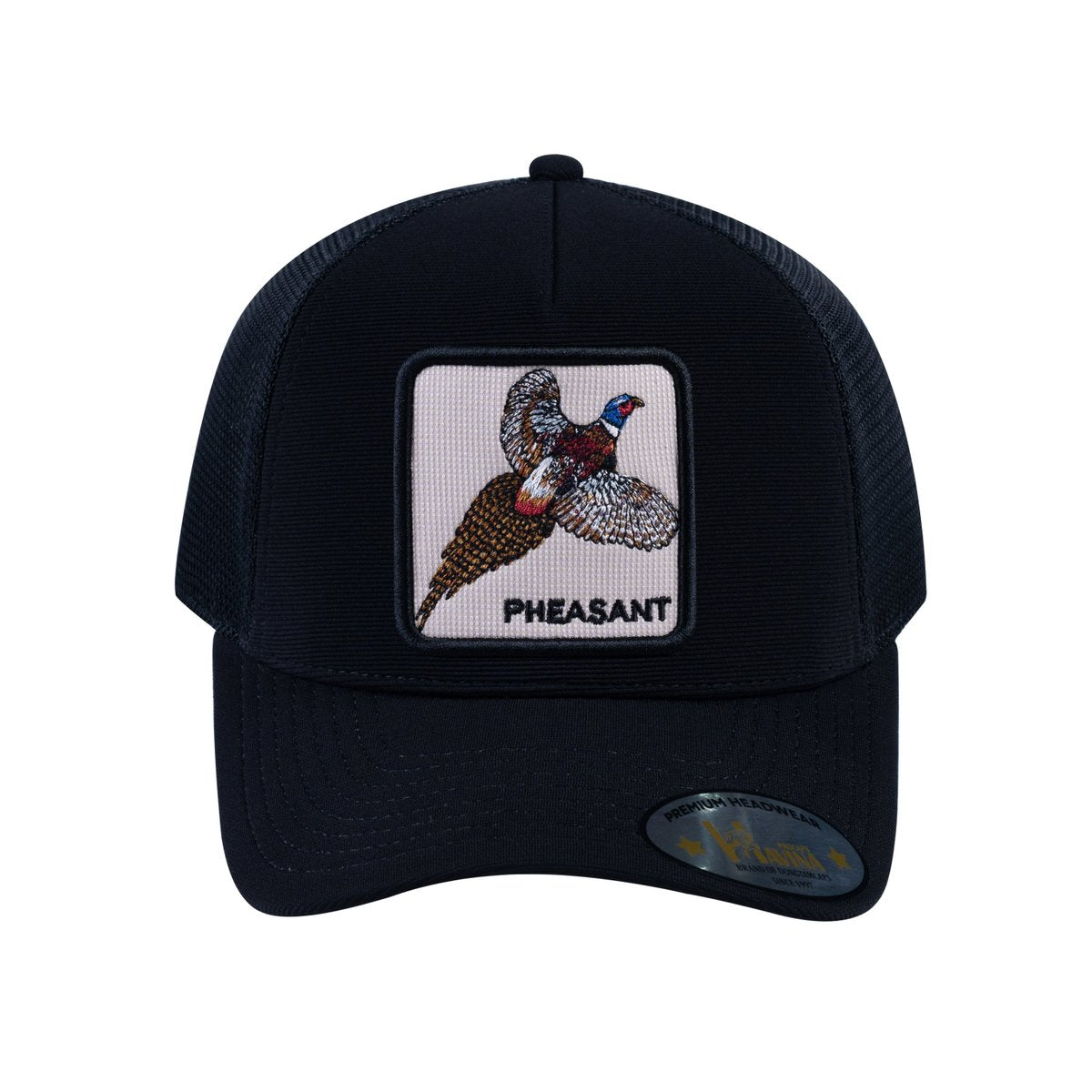 Unisex V2 Embroidered The Pheasant, 5-Panel Trucker Hat, Black/Black, Adjustable Fit