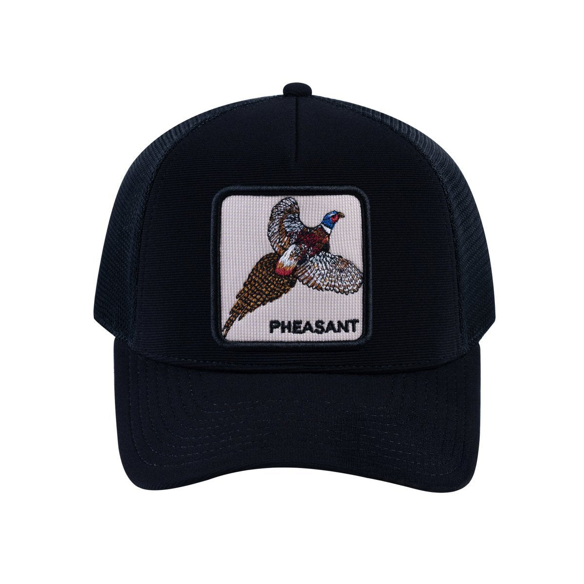 Unisex V2 Embroidered The Pheasant, 5-Panel Trucker Hat, Black/Black, Adjustable Fit