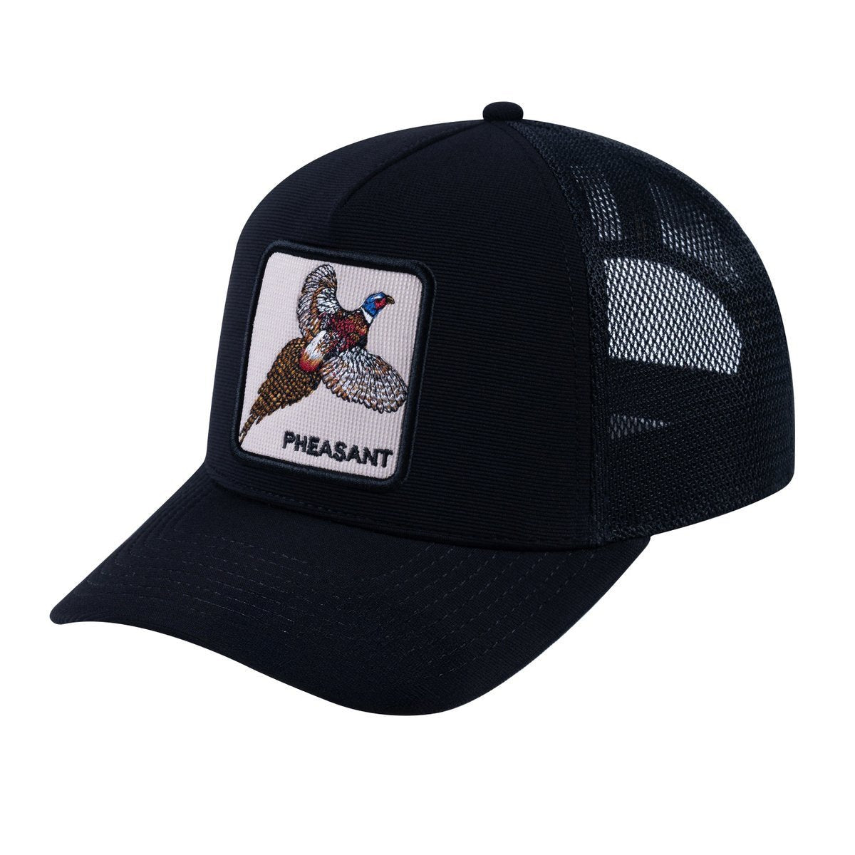 Unisex V2 Embroidered The Pheasant, 5-Panel Trucker Hat, Black/Black, Adjustable Fit