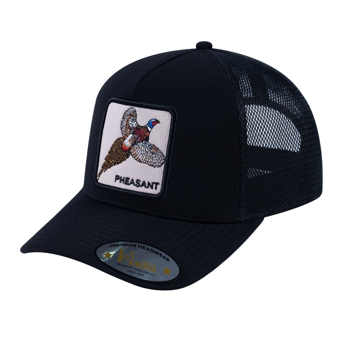 Unisex V2 Embroidered The Pheasant, 5-Panel Trucker Hat, Black/Black, Adjustable Fit